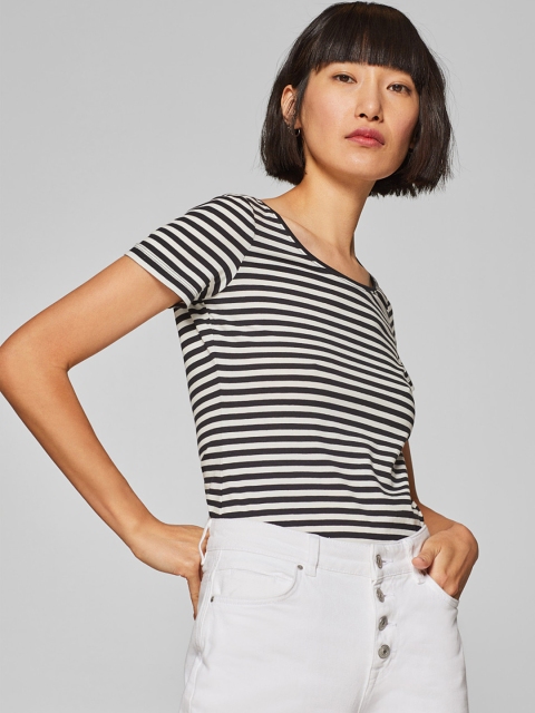 

ESPRIT Women Black & White Striped Round Neck T-shirt