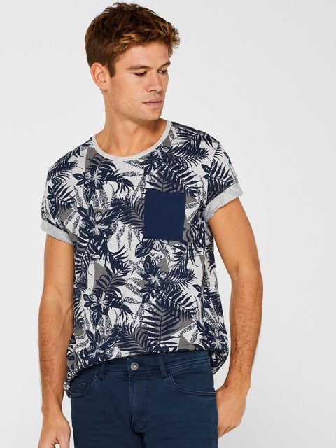 

ESPRIT Men Grey Melange & Navy Blue Printed Round Neck T-shirt