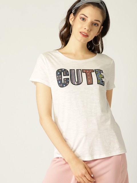 

ESPRIT Women White & Blue Printed Round Neck T-shirt