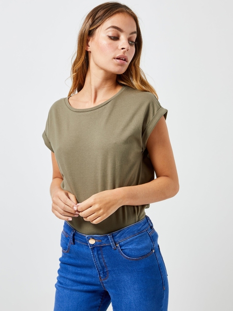 

DOROTHY PERKINS Women Petite Olive Green Solid Round Neck T-shirt