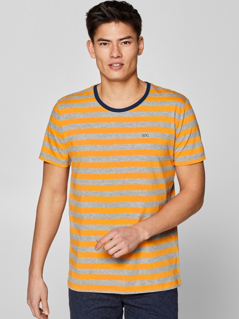 

ESPRIT Men Grey Melange & Orange Striped Round Neck T-shirt