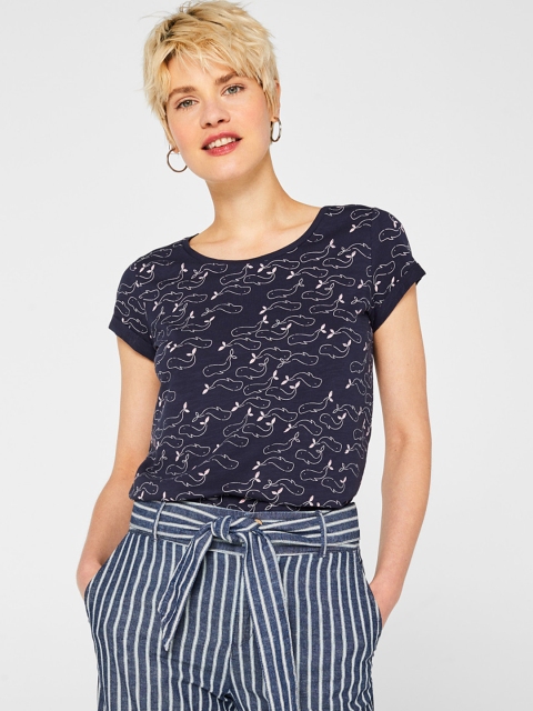 

ESPRIT Women Navy Blue & Pink Printed Round Neck T-shirt