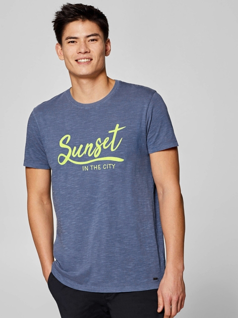 

ESPRIT Men Blue & Lime Green Printed Round Neck T-shirt