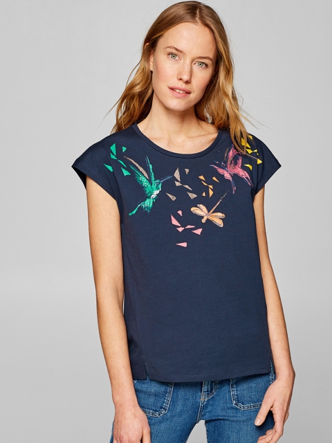 

ESPRIT Women Navy Blue Printed Round Neck T-shirt