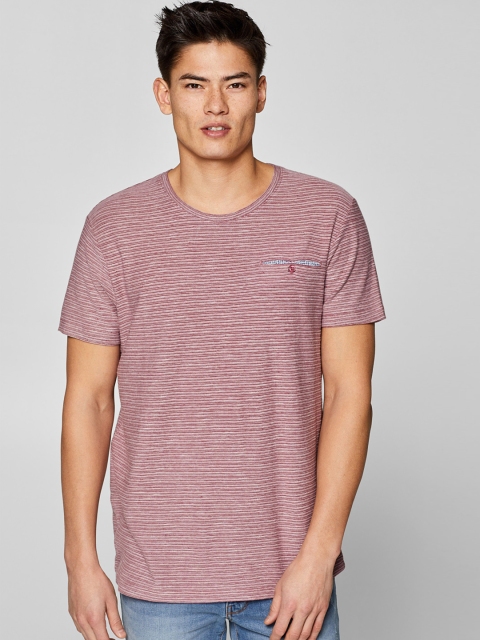 

ESPRIT Men Maroon & Off-White Self-Striped Round Neck T-shirt