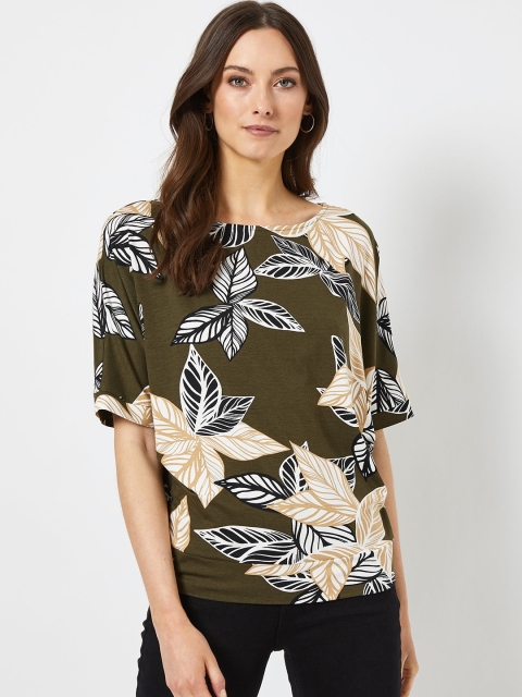 

DOROTHY PERKINS Women Olive Green & Off-white Tropical Print Styled Back Top