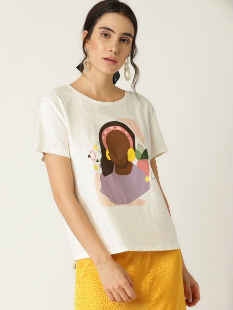 

ESPRIT Women White & Purple Printed Round Neck T-shirt