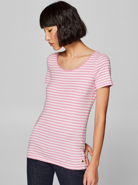 

ESPRIT Women Pink & White Striped Scoop Neck T-shirt