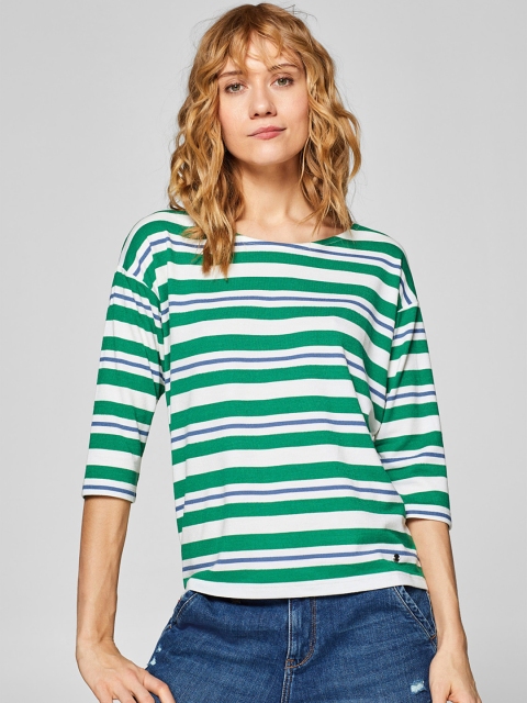 

ESPRIT Women White & Green Striped Round Neck T-shirt