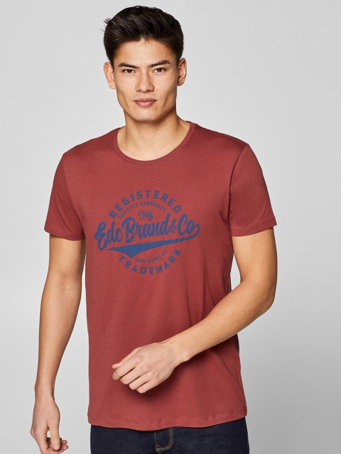 

ESPRIT Men Rust Red Navy Blue Printed Round Neck T-shirt