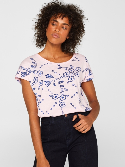

ESPRIT Women Pink & Navy Printed Round Neck T-shirt