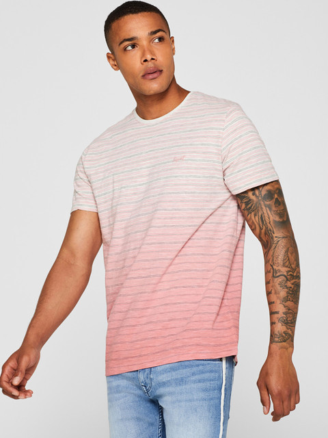 

ESPRIT Men Off-White & Coral Pink Striped Round Neck T-shirt