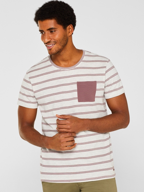 

ESPRIT Men Off-White & Mauve Striped Round Neck T-shirt