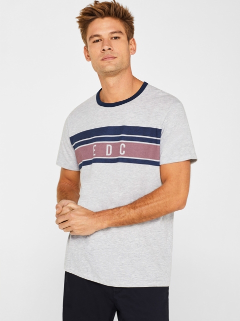 

ESPRIT Men Grey Melange Striped Detail Round Neck T-shirt