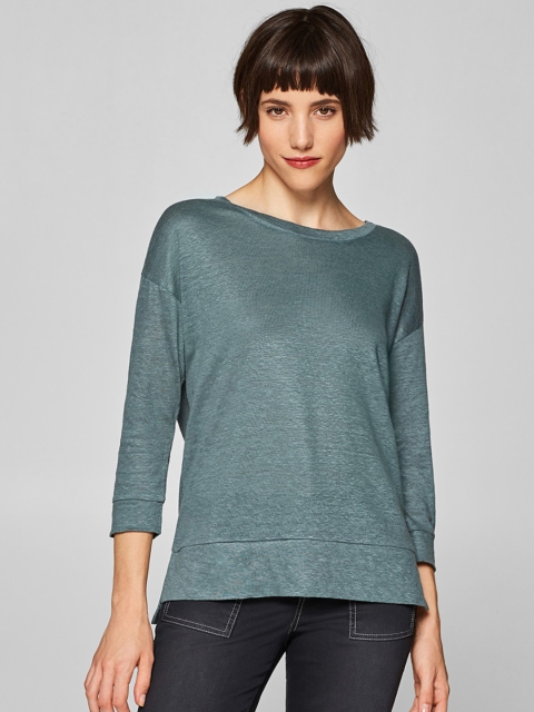 

ESPRIT Women Green Solid Linen Round Neck T-shirt
