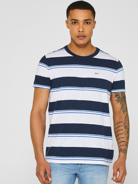 

ESPRIT Men White & Navy Blue Striped Round Neck T-shirt