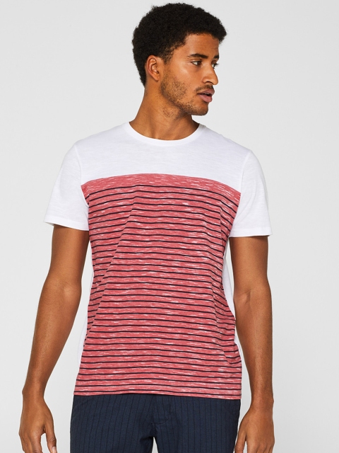 

ESPRIT Men White & Rust Red Striped Round Neck T-shirt