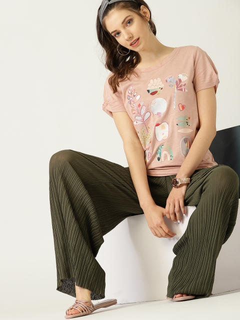 

ESPRIT Women Dusty Pink & White Printed Round Neck T-shirt