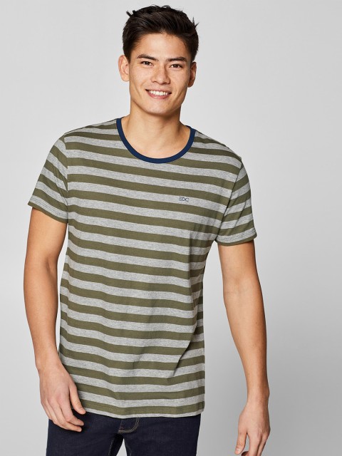 

ESPRIT Men Olive Green & Grey Melange Striped Round Neck T-shirt