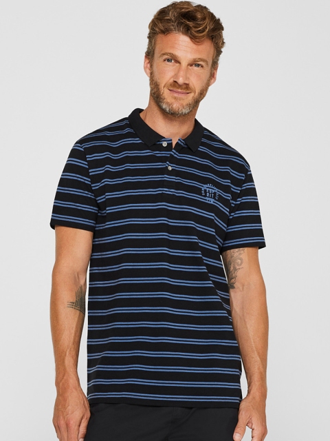 

ESPRIT Men Black & Blue Striped Polo Collar T-shirt