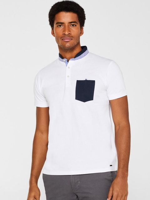 

ESPRIT Men White Solid Mandarin Collar T-shirt