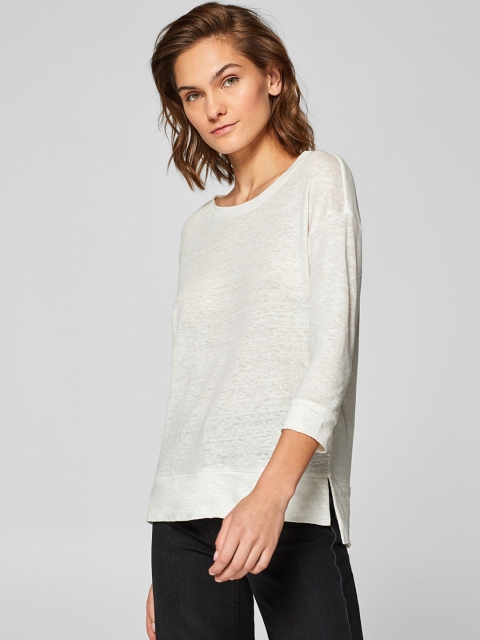 

ESPRIT Women Off-White Solid Linen Round Neck T-shirt