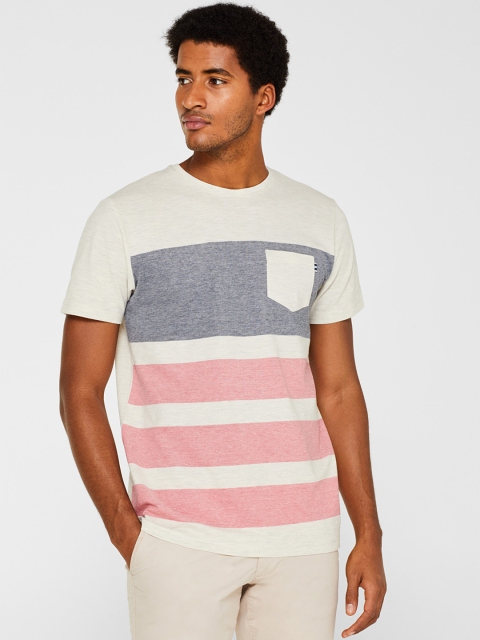 

ESPRIT Men Off-White & Pink Striped Round Neck T-shirt
