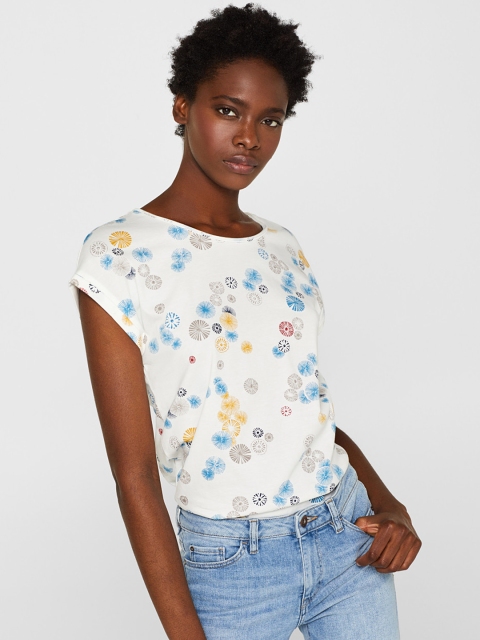 

ESPRIT Women White & Blue Printed Round Neck T-shirt