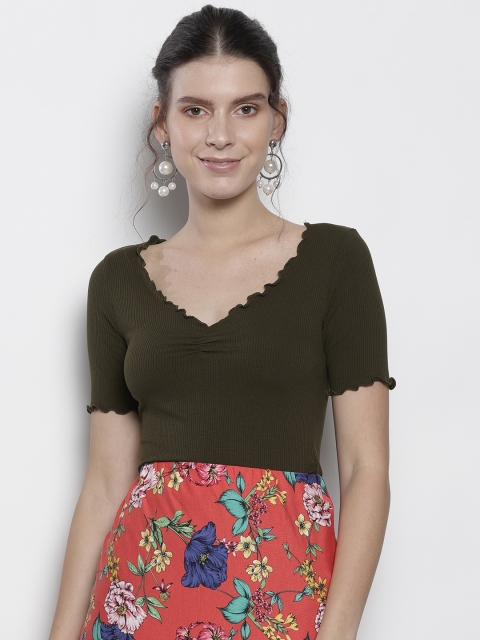 

DOROTHY PERKINS Women Olive Green Solid Fitted Top