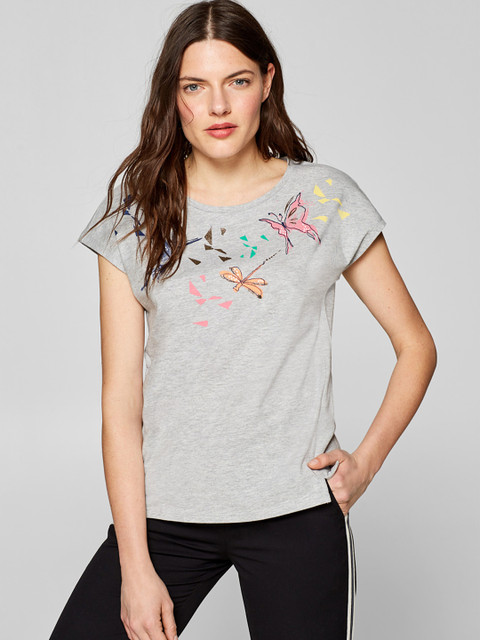 

ESPRIT Women Grey Melange Printed Round Neck T-shirt