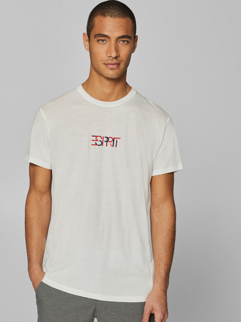 

ESPRIT Men White Solid Round Neck T-shirt