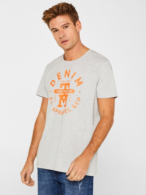 

ESPRIT Men Grey Melange & Orange Printed Round Neck T-shirt