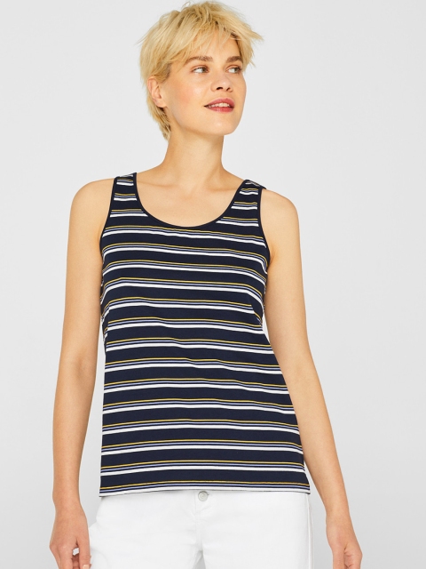 

ESPRIT Women Navy Blue & White Striped Round Neck Sleeveless T-shirt
