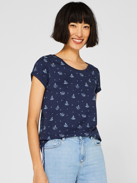 

ESPRIT Women Navy Printed Round Neck T-shirt, Navy blue