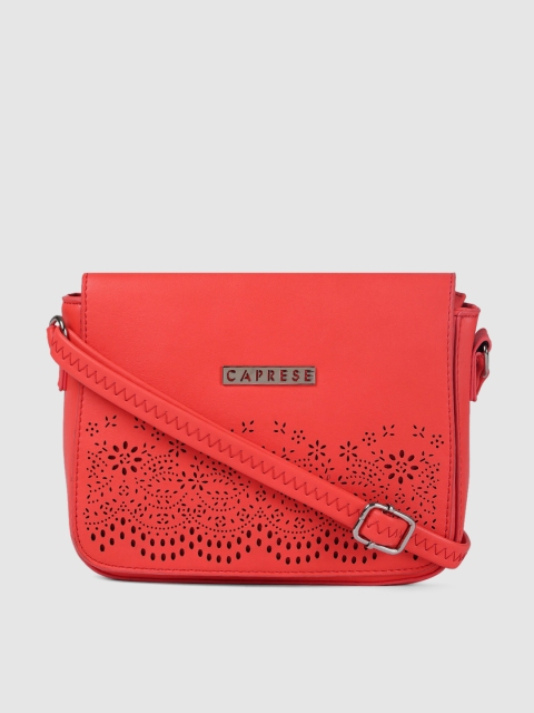 

Caprese Coral Red Cut Work Detail Sling Bag