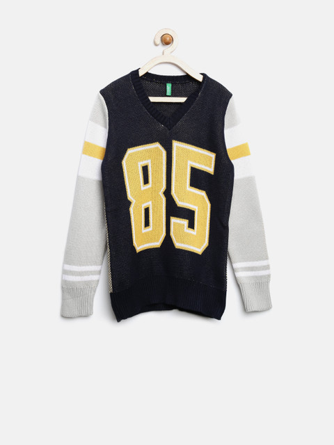 

United Colors of Benetton Boys Navy Blue & Yellow Self-Design Sweater