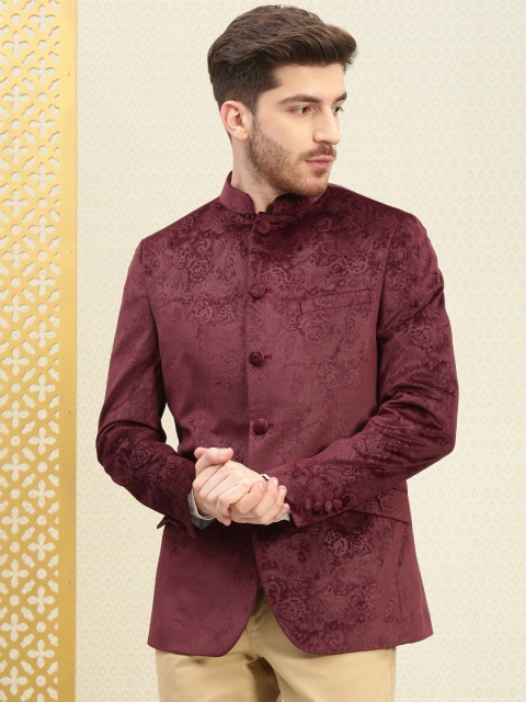 

House of Pataudi Men Maroon Self Design Velvet Ethnic Bandhgala