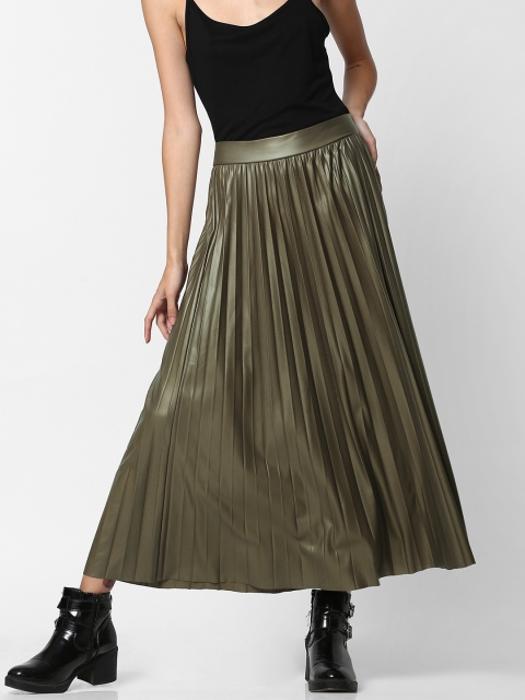 

ONLY Women Olive Green Solid Accordian Pleated Flared Midi Skirt