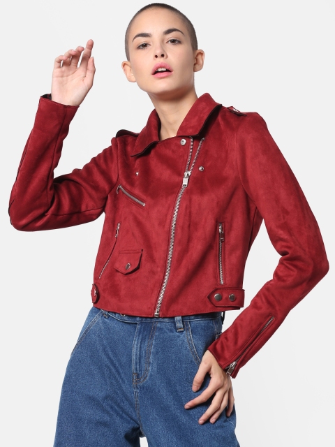 

ONLY Women Maroon Solid Biker Jacket