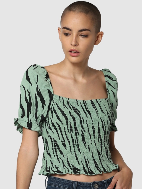 

ONLY Women Green Printed Smocked Fitted Crop Top