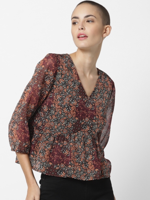 

ONLY Women Peach-Coloured Printed Cinched Waist Top