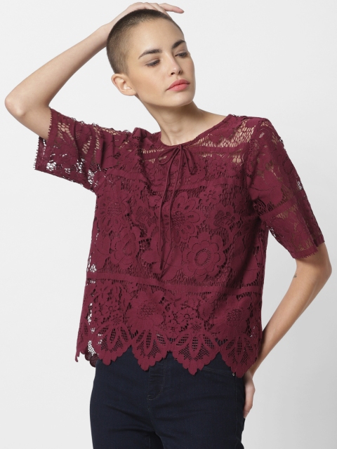 

ONLY Women Burgundy Self Design Top