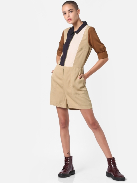 

ONLY Blue Solid Basic Chambray Playsuit, Beige