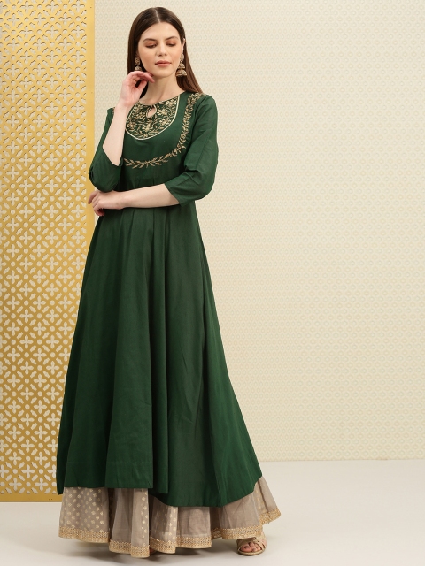 

House of Pataudi Women Dark Green Embroidered A-Line Kurta