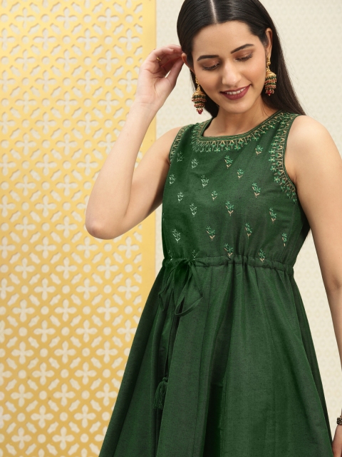 

House of Pataudi Women Green Floral Yoke Design A-Line Kurta