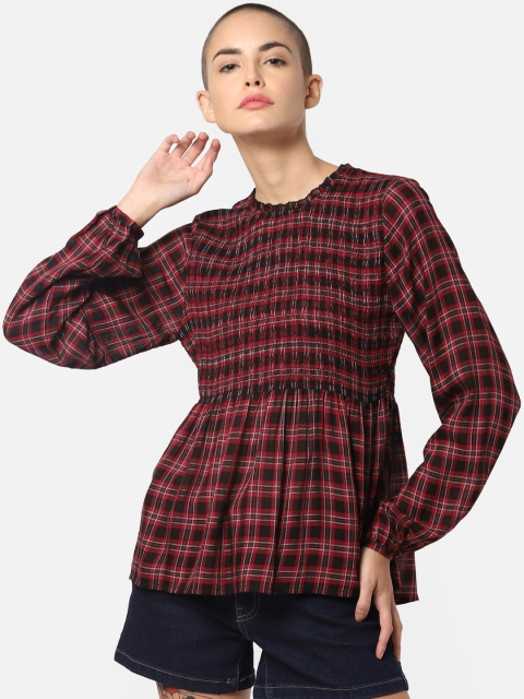 

ONLY Women Black & Red Checked Cinched Waist Top
