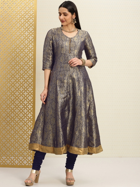 

House of Pataudi Women Navy Blue & Gold-Toned Embroidered Kurta with Churidar