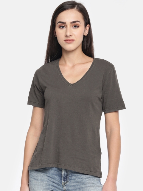 

ONLY Women Black Solid V-Neck Pure Cotton T-shirt