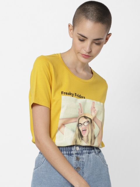 

ONLY Women Yellow Printed Round Neck T-shirt