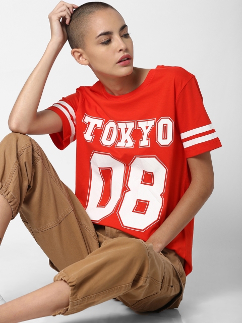 

ONLY Women Red Printed Round Neck T-shirt
